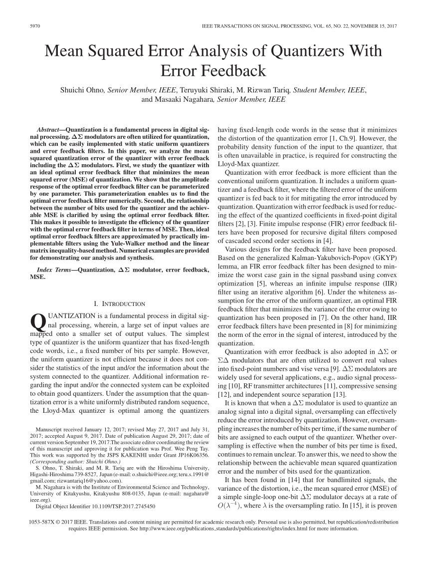 Pdf Mean Squared Error Analysis Of Quantizers With Error Feedback