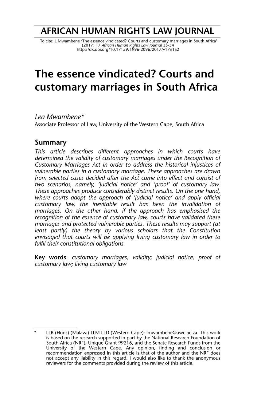 Pdf The Essence Vindicated Courts And Customary Marriages In South Africa