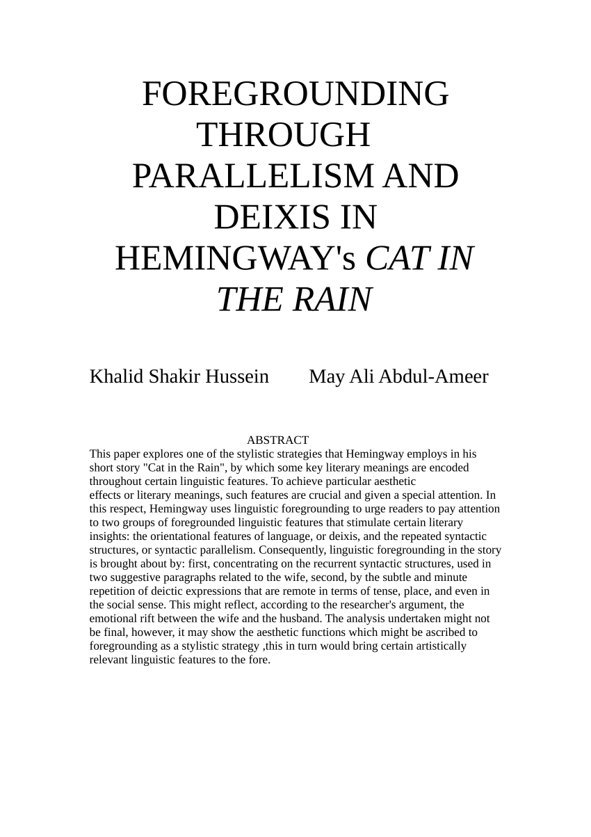 Pdf Foregrounding Through Parallelism And Deixes In Hemingways Cat In The Rain