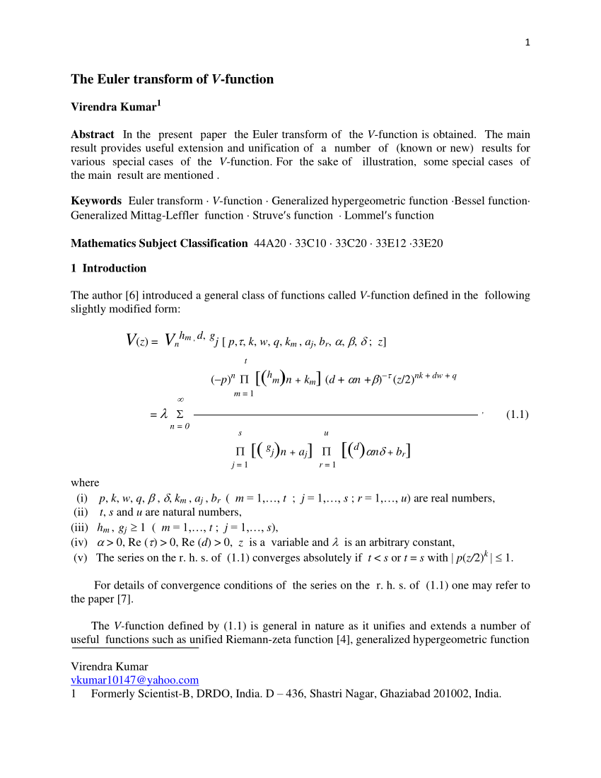 Pdf The Euler Transform Of V Function