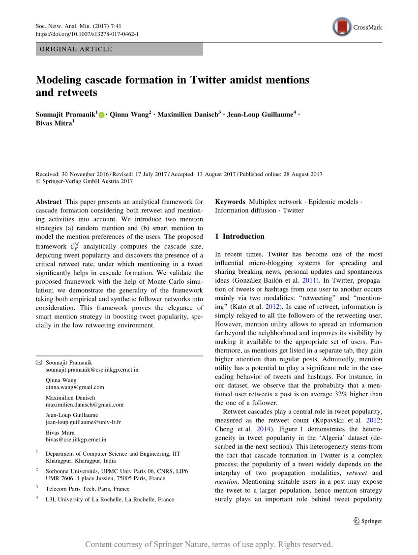 Modeling Cascade Formation In Twitter Amidst Mentions And Retweets Request Pdf