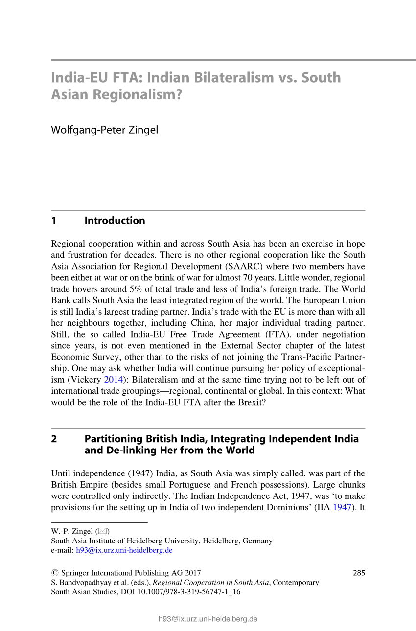 Pdf India Eu Fta Indian Bilateralism Vs South Asian - 