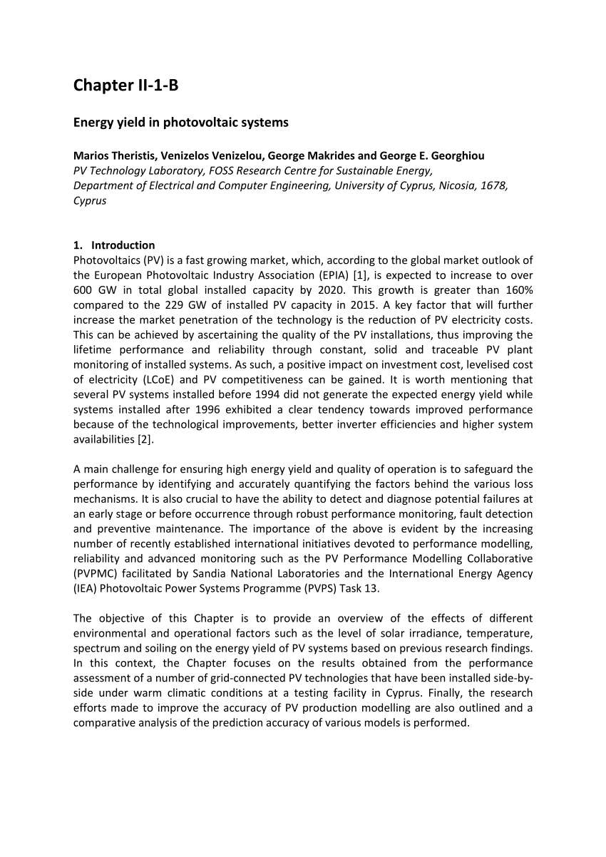 Pdf Energy Yield In Photovoltaic Systems