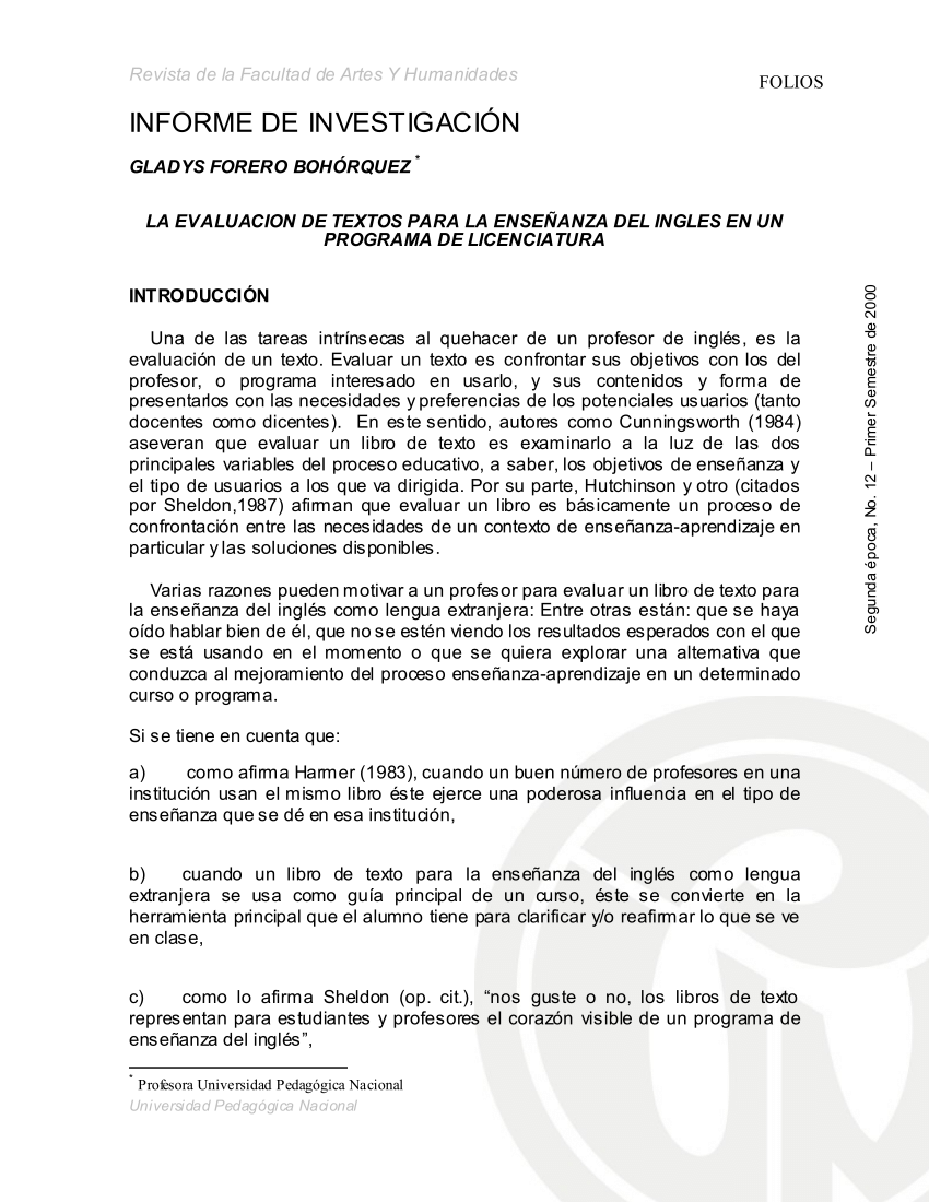 Pdf La Evaluacion De Textos Para La Ensenanza Del Ingles En Un Programa De Licenciatura