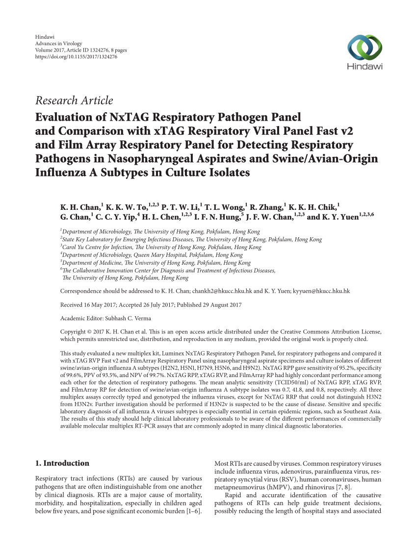 Pdf Evaluation Of Nxtag Respiratory Pathogen Panel And Comparison With Xtag Respiratory Viral Panel Fast V2 And Film Array Respiratory Panel For Detecting Respiratory Pathogens In Nasopharyngeal Aspirates And Swine Avian Origin Influenza A
