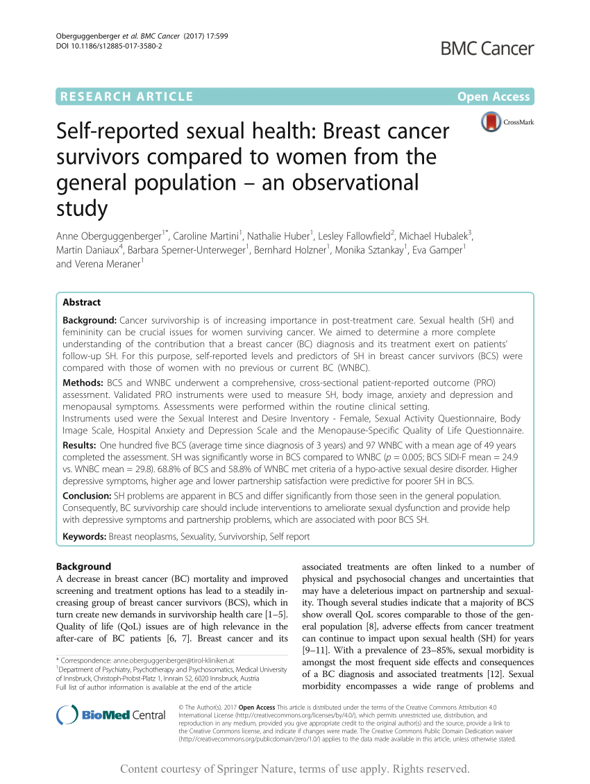 PDF) Self-reported sexual health Breast cancer survivors compared to women from the general population picture