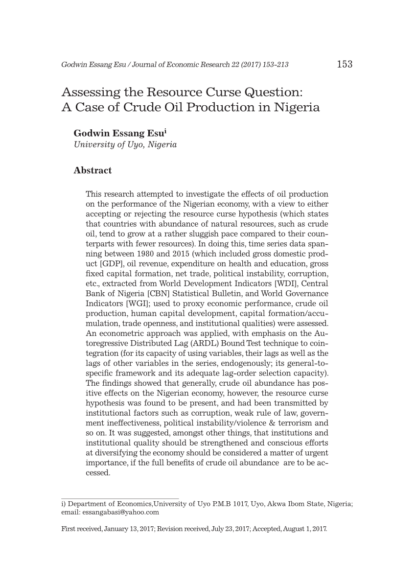 Pdf Assessing The Resource Curse Question A Case Of Crude - 