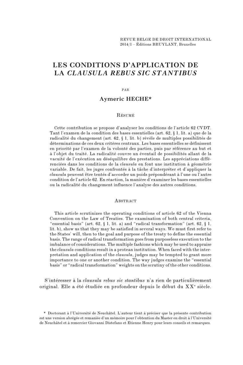 PDF) Les conditions d'application de la clausula rebus sic stantibus