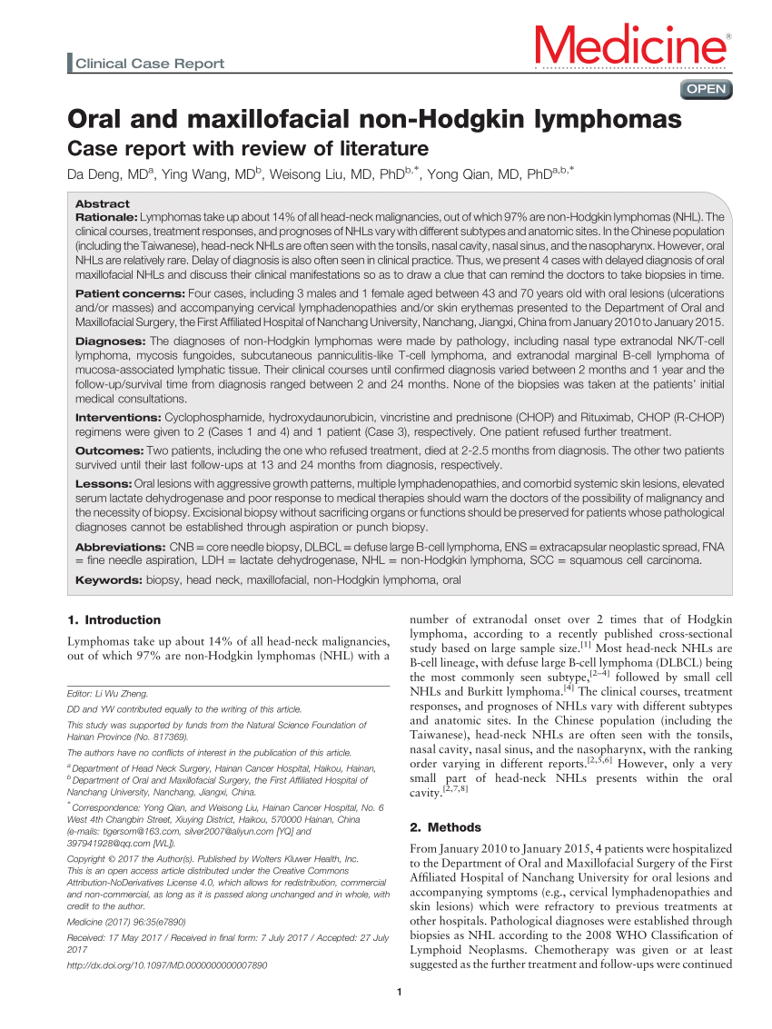 Pdf Oral And Maxillofacial Non Hodgkin Lymphomas Case Report With Review Of Literature 