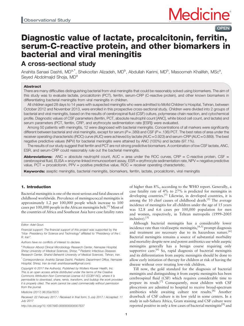 PDF] USE OF SCORE AND CEREBROSPINAL FLUID LACTATE DOSAGE IN DIFFERENTIAL  DIAGNOSIS OF BACTERIAL AND ASEPTIC MENINGITIS