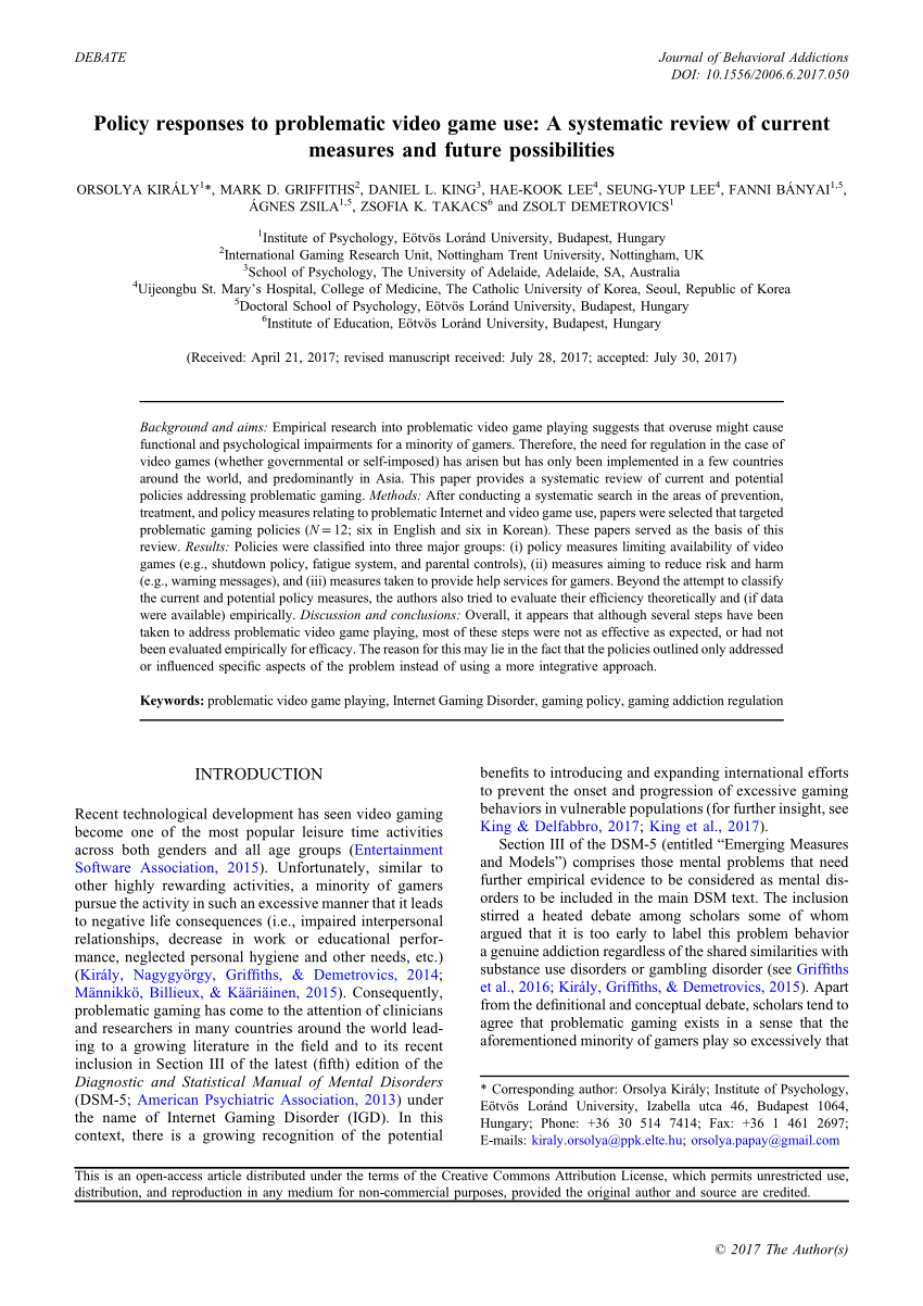 Pdf Policy Responses To Problematic Video Game Use A Systematic Review Of Current Measures And Future Possibilities