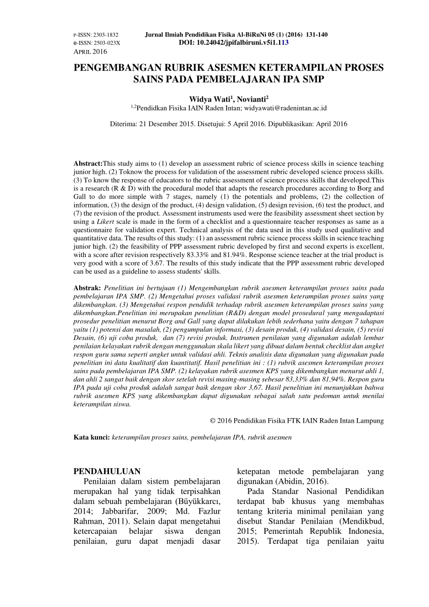 Pdf Pengembangan Rubrik Asesmen Keterampilan Proses Sains