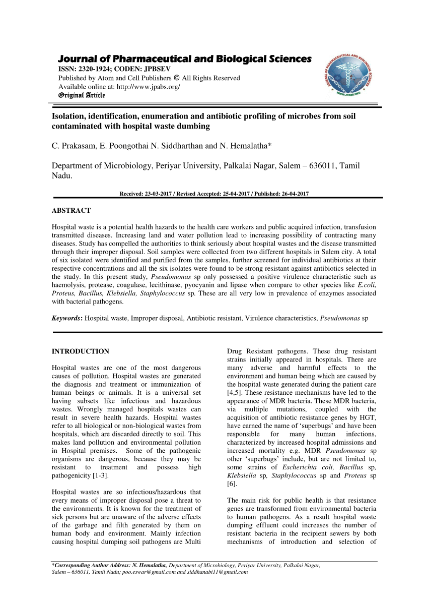 Pdf Isolation Identification Enumeration And Antibiotic Profiling Of Microbes From Soil Contaminated With Hospital Waste Dumbing