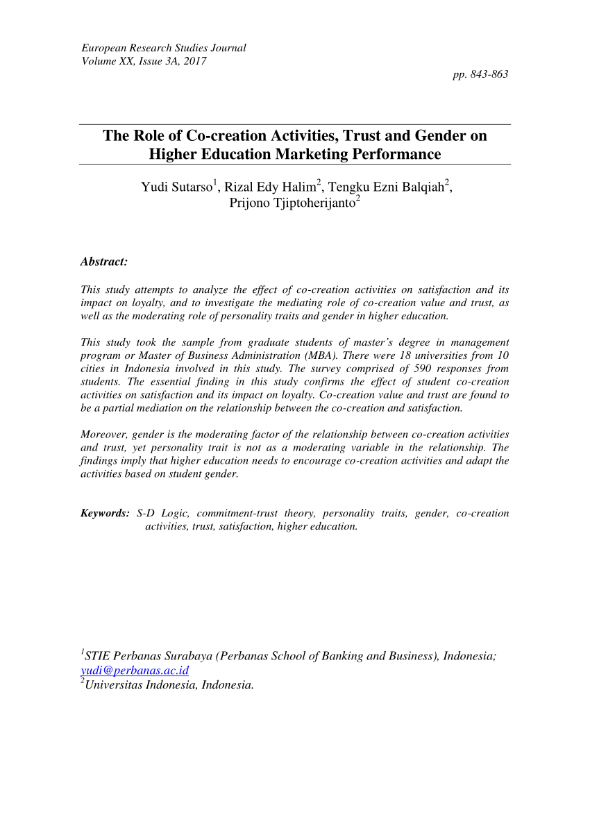 PDF) The role of co-creation activities, trust and gender on higher education marketing performance