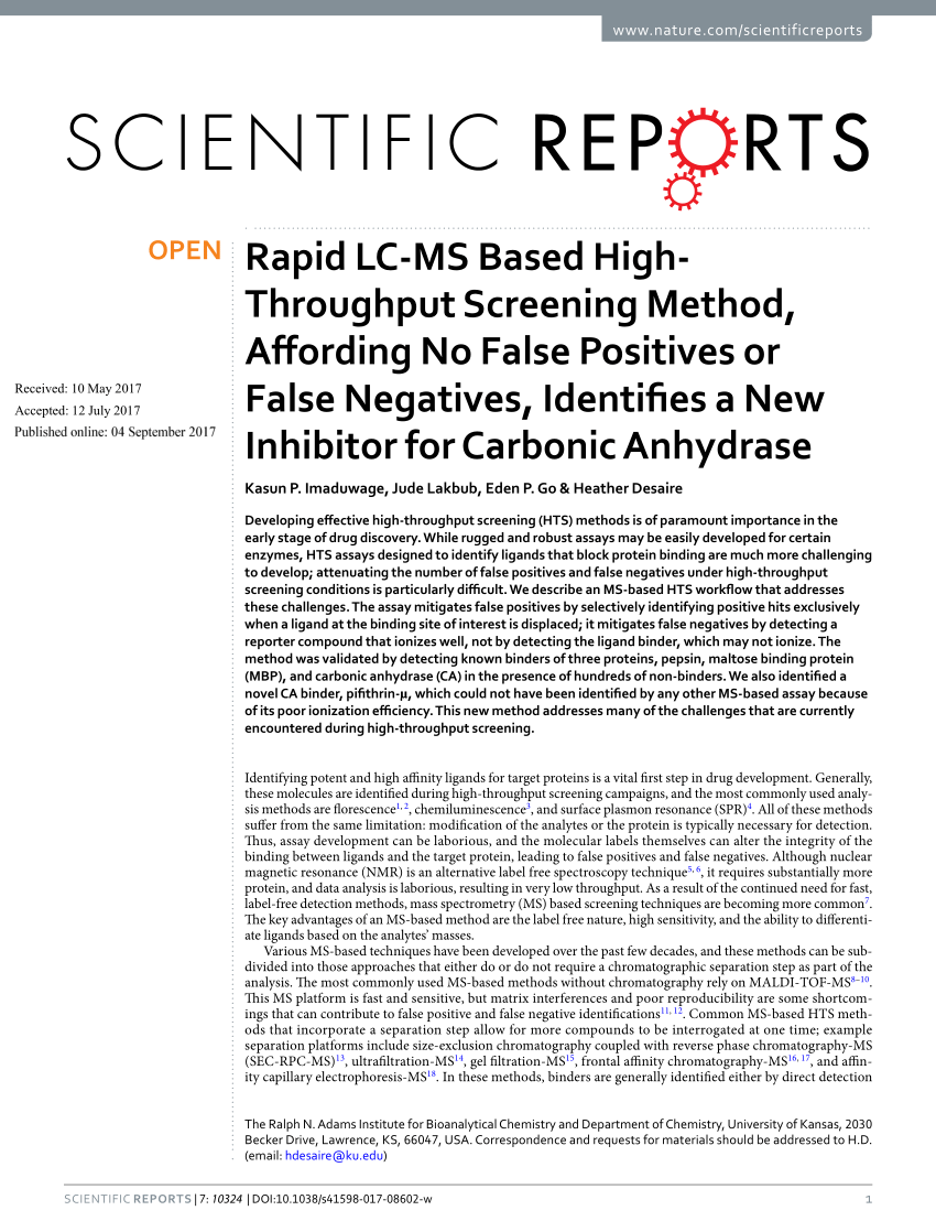 Pdf Rapid Lc Ms Based High Throughput Screening Method Affording No False Positives Or False Negatives Identifies A New Inhibitor For Carbonic Anhydrase