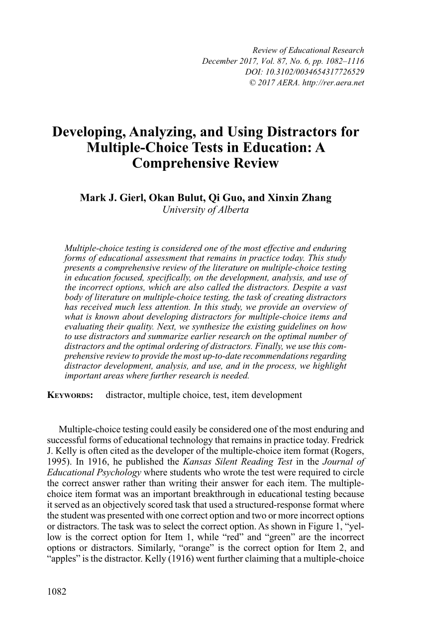 pdf developing analyzing and using distractors for multiple choice tests in education a comprehensive review