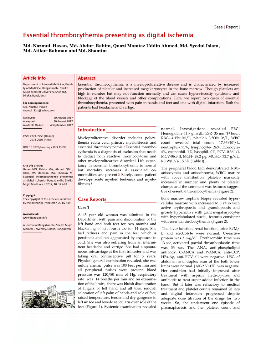 Pdf Essential Thrombocythemia Presenting As Digital Ischemia