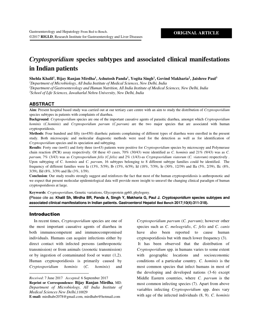 PDF) Cryptosporidium species subtypes and associated clinical manifestation in
