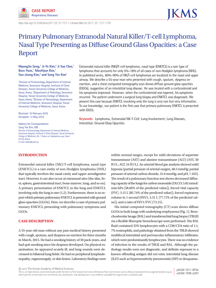 Pdf Primary Pulmonary Extranodal Natural Killert Cell Lymphoma Nasal Type Presenting As 