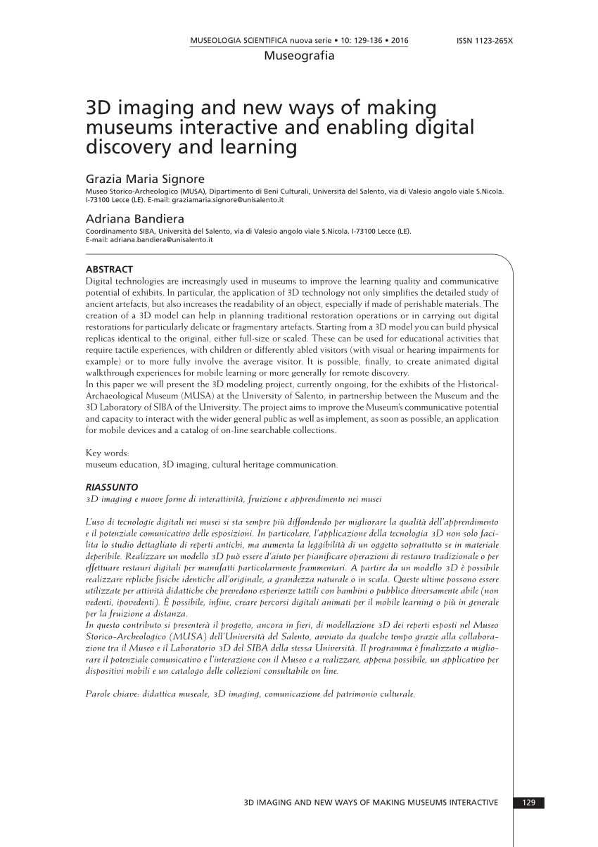 Pdf 3d Imaging And New Ways Of Making Museums Interactive And Enabling Digital Discovery And Learning