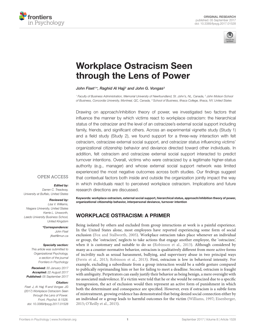 Pdf Workplace Ostracism Seen Through The Lens Of Power