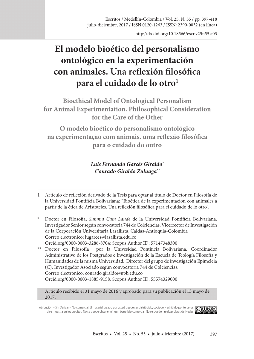 PDF) El modelo bioético del personalismo ontológico en la experimentación  con animales. Una reflexión filosófica para el cuidado de lo otro