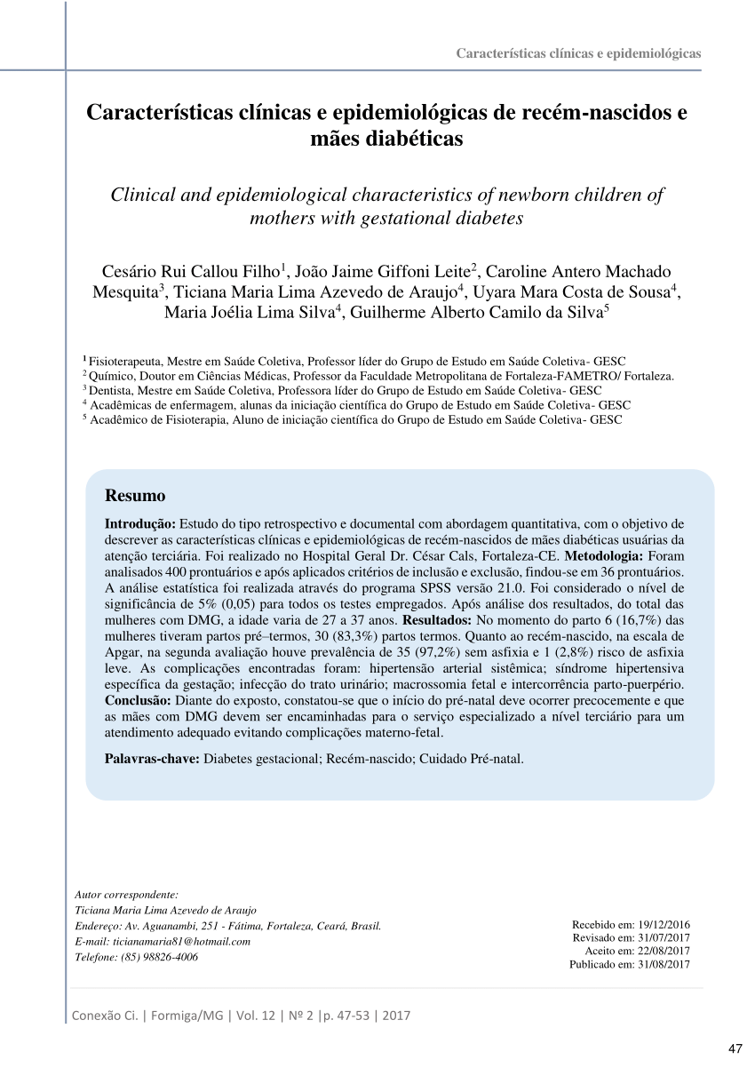 PDF) Características clínicas e epidemiológicas de recém-nascidos e mães  diabéticas