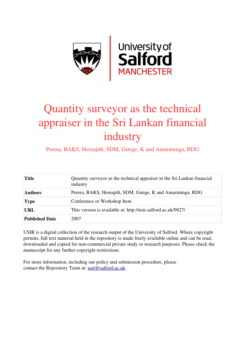 Pdf Quantity Surveyor A The Technical Appraiser In Sri Lankan Financial Industry Surveying Dissertation 