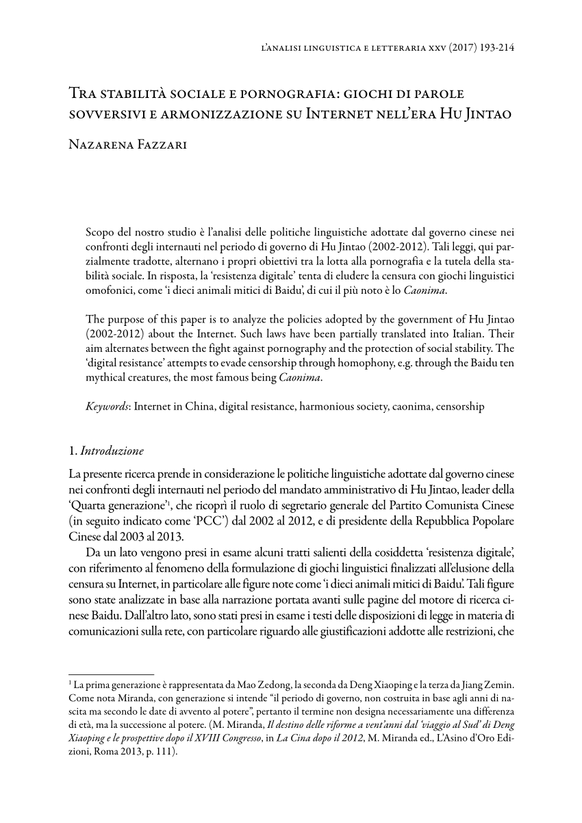 PDF) Tra stabilità sociale e pornografia: giochi di parole sovversivi e  armonizzazione su Internet nell'era Hu Jintao