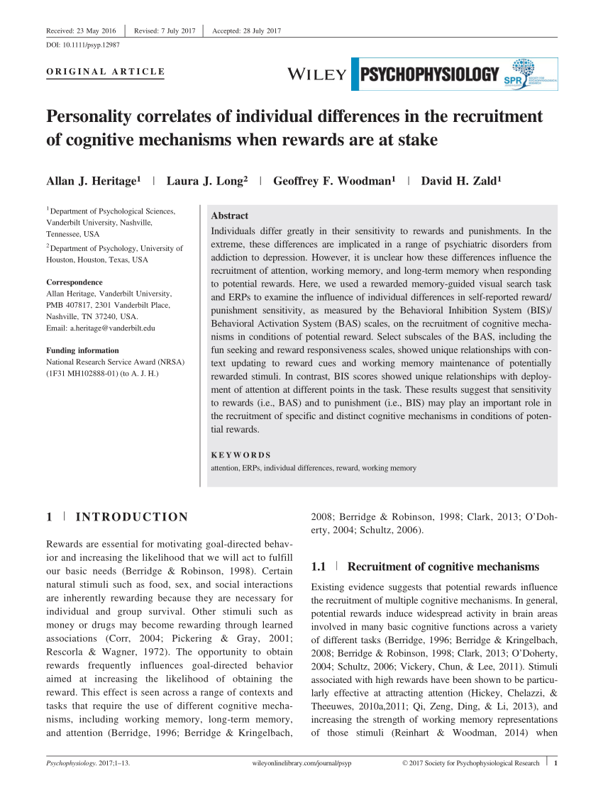 Pdf Personality Correlates Of Individual Differences In The Recruitment Of Cognitive Mechanisms When Rewards Are At Stake