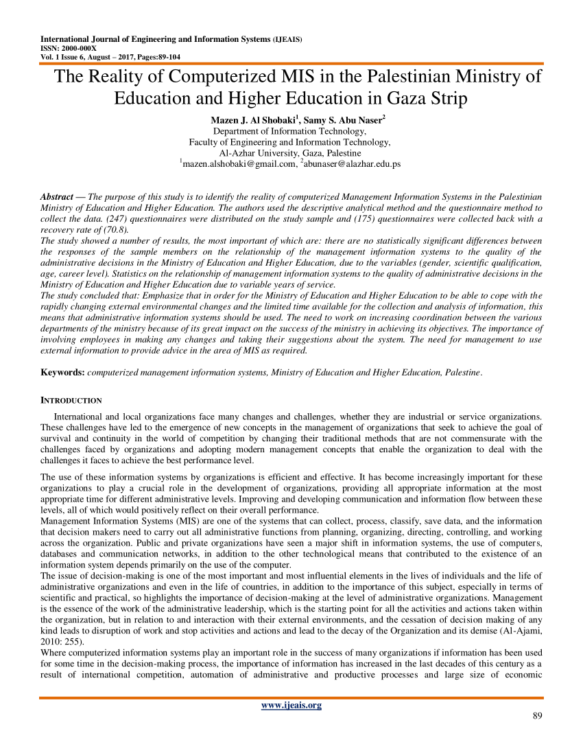 (PDF) The Reality of Computerized MIS in the Palestinian Ministry of