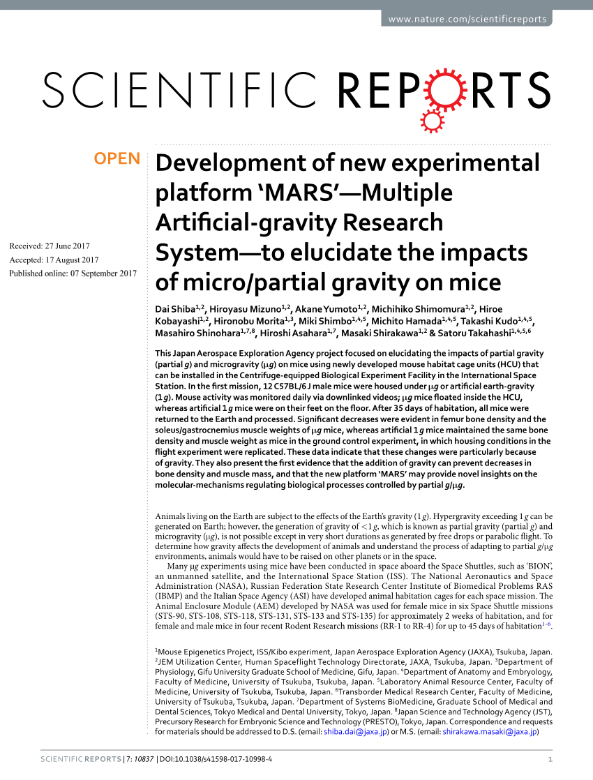 Pdf Development Of New Experimental Platform Mars Multiple Artificial Gravity Research System To Elucidate The Impacts Of Micro Partial Gravity On Mice