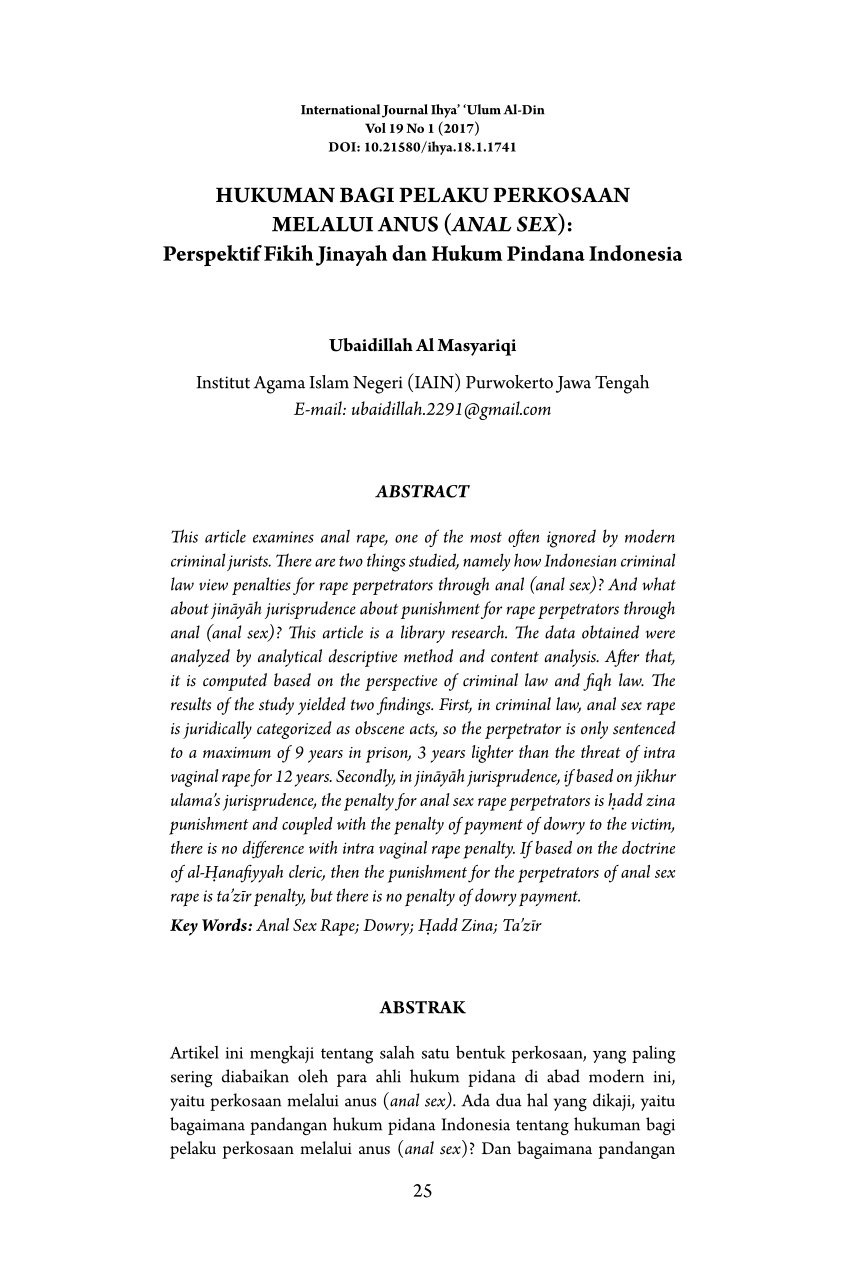 PDF) HUKUMAN BAGI PELAKU PERKOSAAN MELALUI ANUS (ANAL SEX): PERSPEKTIF  FIKIH JINAYAH DAN HUKUM PIDANA INDONESIA