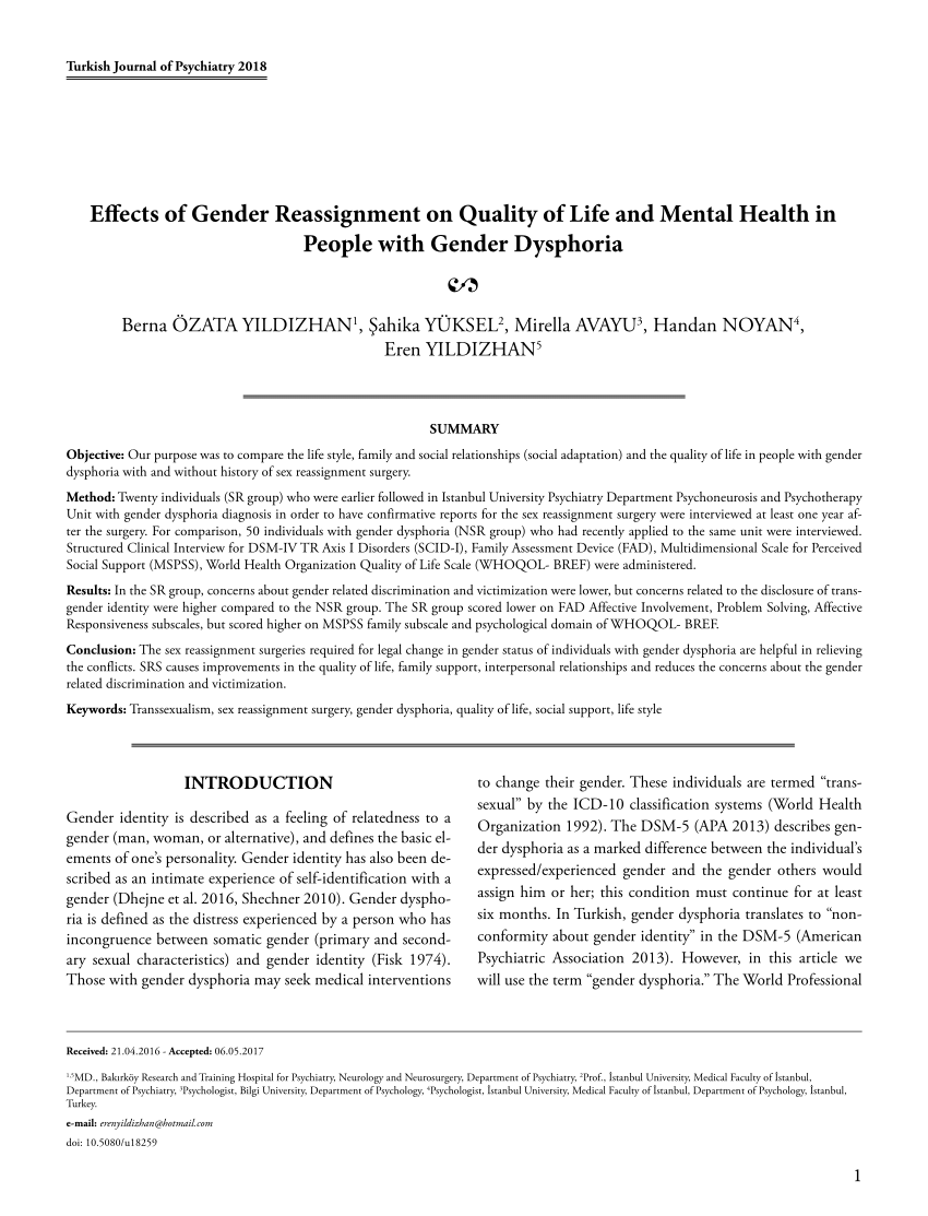 PDF) Effects of Gender Reassignment on Quality of Life and Mental Health in  People with Gender Dysphoria