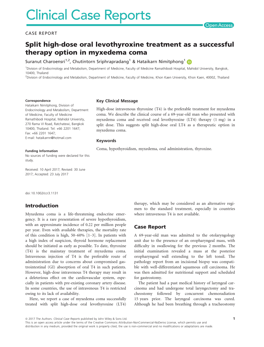 Pdf Split High Dose Oral Levothyroxine Treatment As A Successful Therapy Option In Myxedema Coma