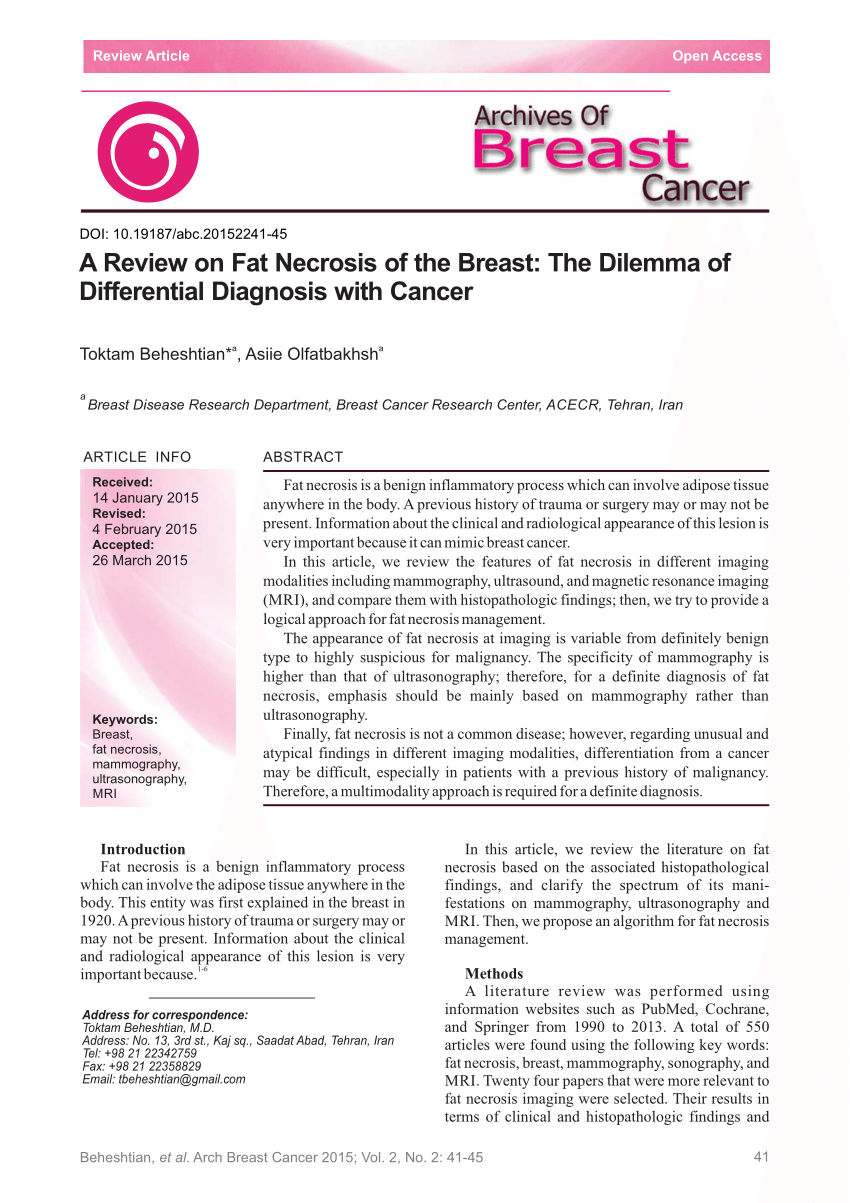 PDF) POSTTRAUMATIC FAT NECROSIS OF THE BREAST - DIFFERENTIAL DIAGNOSIS WITH  BREAST CARCINOMA