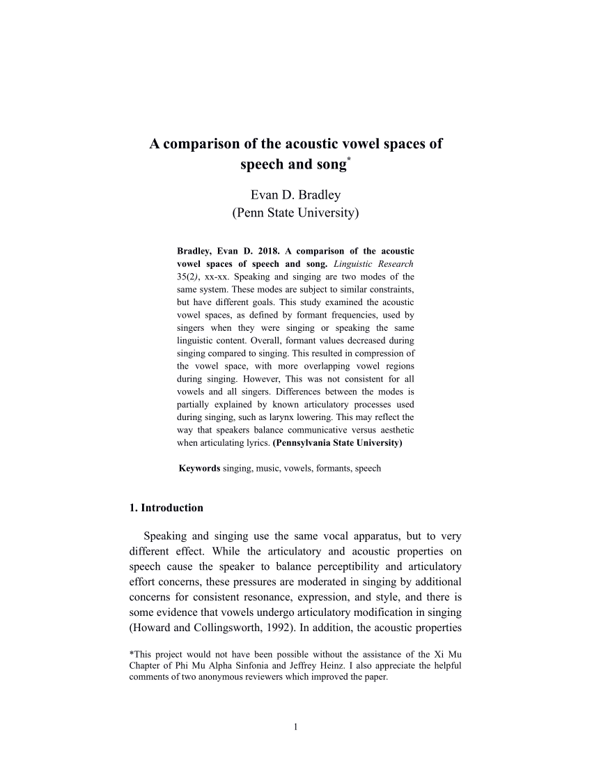 Pdf A Comparison Of The Acoustic Vowel Spaces Of Speech And Song