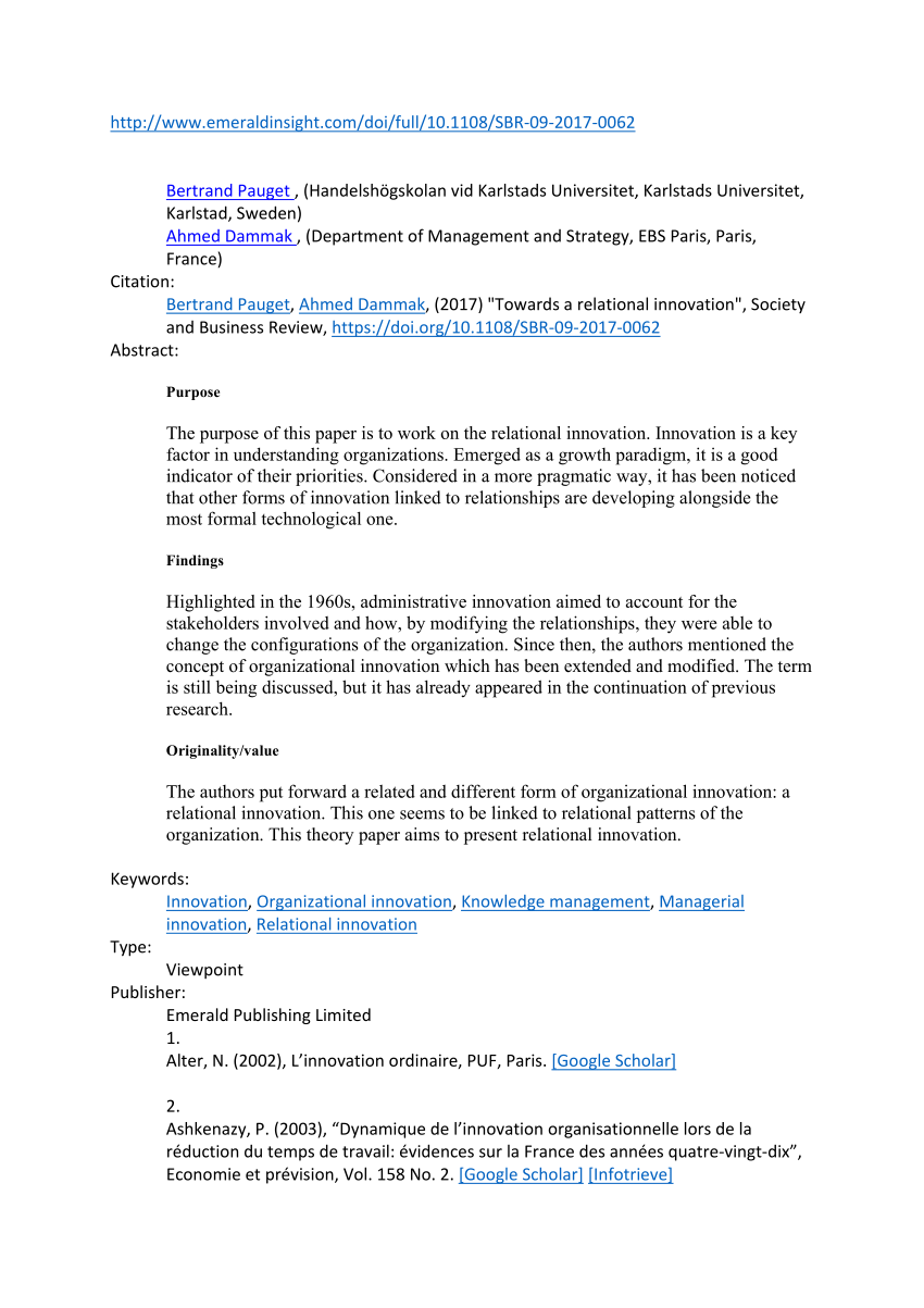Pdf Towards A Relational Innovation
