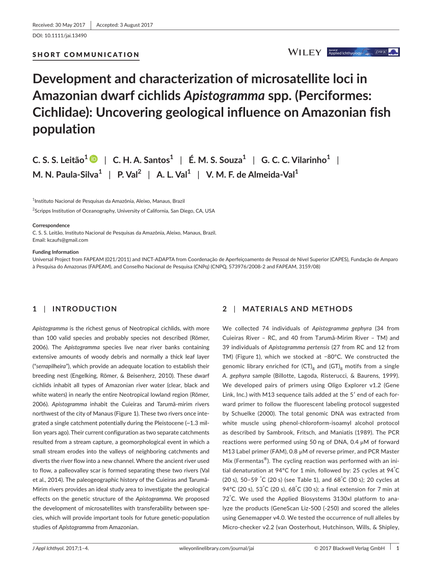 Pdf Development And Characterization Of Microsatellite Loci In Amazonian Dwarf Cichlids Apistogramma Spp Perciformes Cichlidae Uncovering Geological Influence On Amazonian Fish Population