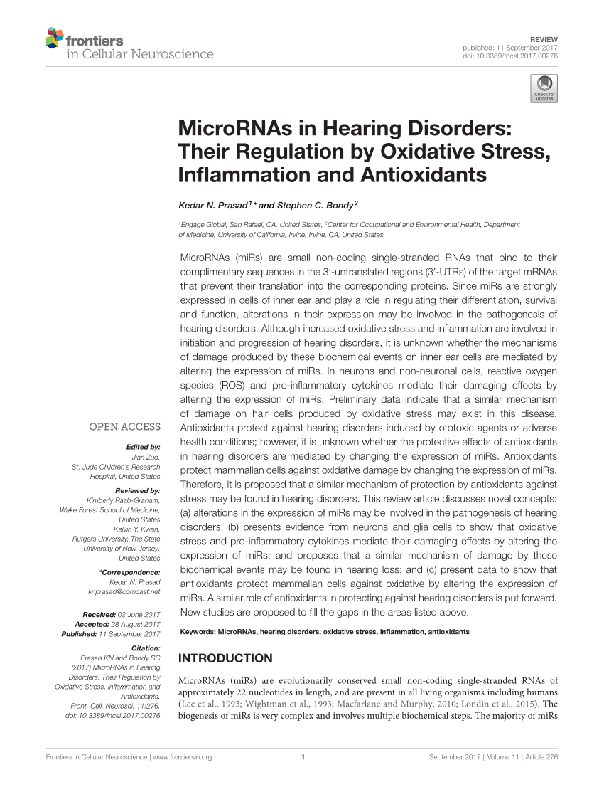 PDF) MicroRNAs in Hearing Disorders: Their Regulation by Oxidative ...