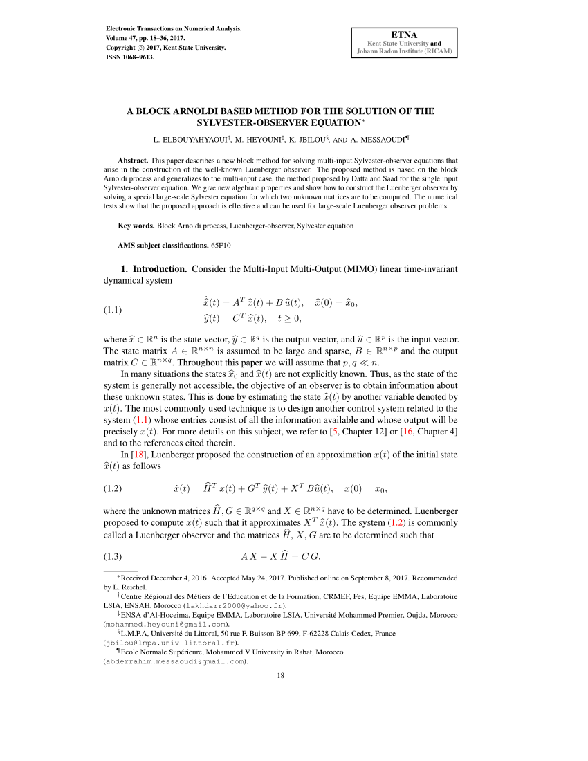 Pdf A Block Arnoldi Based Method For The Solution Of The Sylvester Observer Equation