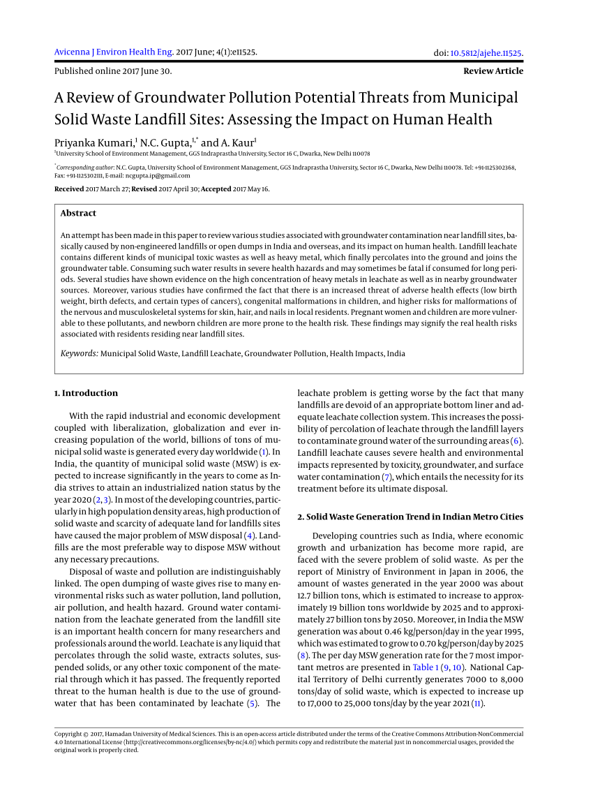 Pdf A Review Of Groundwater Pollution Potential Threats From Municipal Solid Waste Landfill Sites Assessing The Impact On Human Health