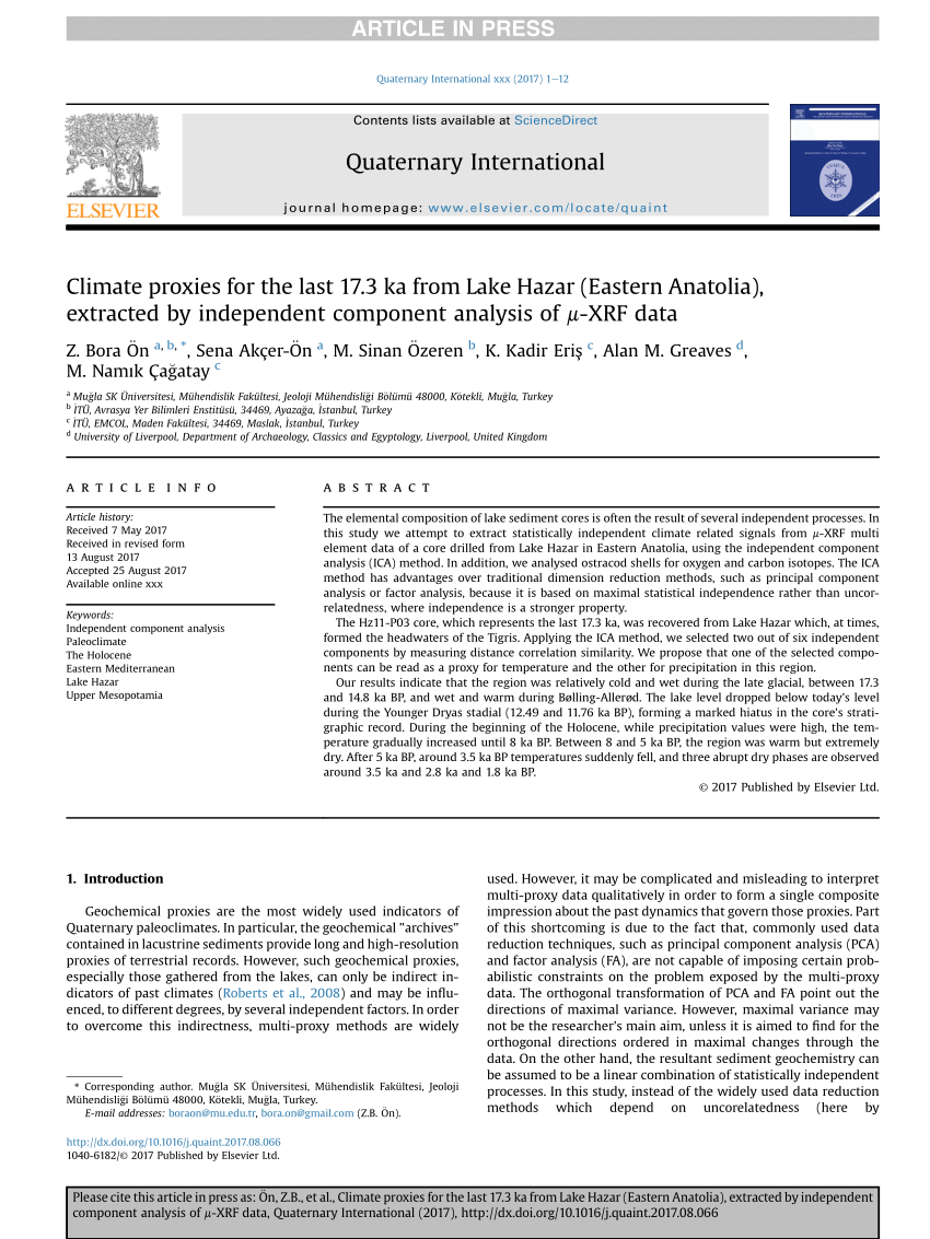 Pdf Climate Proxies For The Last 17 3 Ka From Lake Hazar Eastern Anatolia Extracted By Independent Component Analysis Of M Xrf Data
