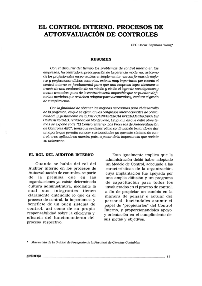 PDF) EL CONTROL INTERNO. PROCESOS DE AUTOEVALUACIÓN DE CONTROLES