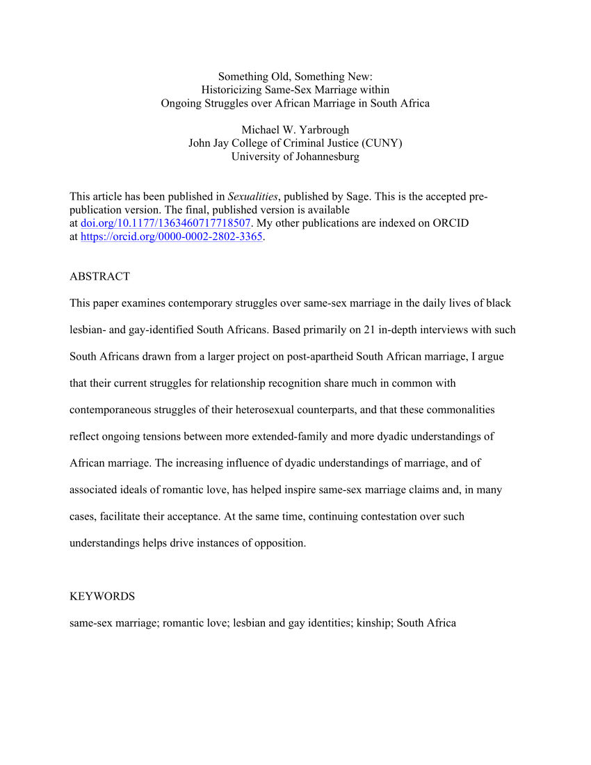 PDF) Something old, something new: Historicizing same-sex marriage within  ongoing struggles over African marriage in South Africa