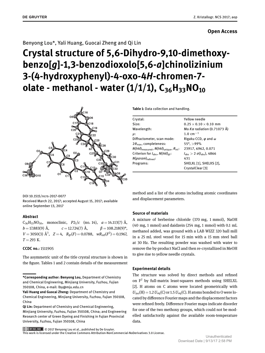 Pdf Crystal Structure Of 5 6 Dihydro 9 10 Dimethoxybenzo G 1 3 Benzodioxolo 5 6 A Chinolizinium 3 4 Hydroxyphenyl 4 Oxo 4h Chromen 7 Olate Methanol Water 1 1 1 C36h33no10