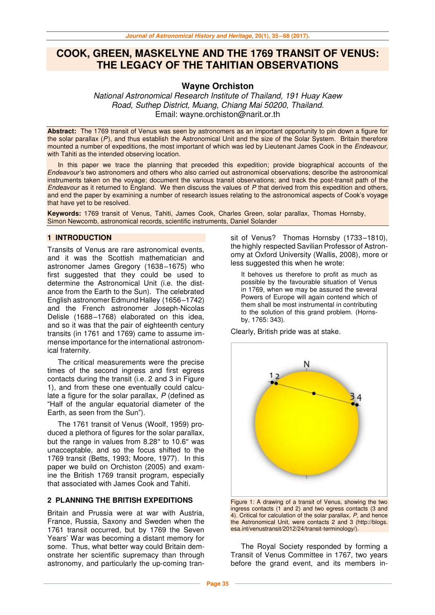 PDF) COOK, GREEN, MASKELYNE AND THE 1769 TRANSIT OF VENUS THE LEGACY OF THE TAHITIAN OBSERVATIONS
