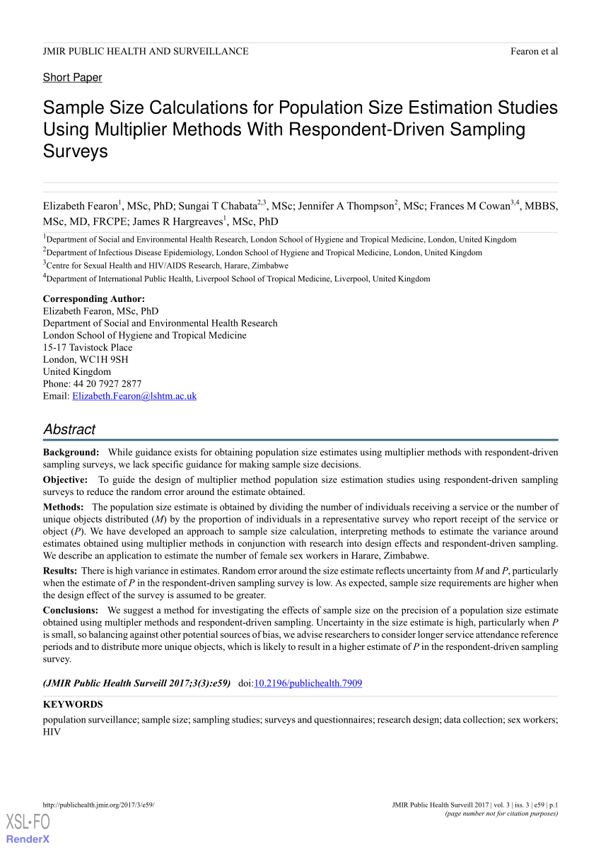 Pdf Sample Size Calculations For Population Size Estimation Studies Using Multiplier Methods With Respondent Driven Sampling Surveys