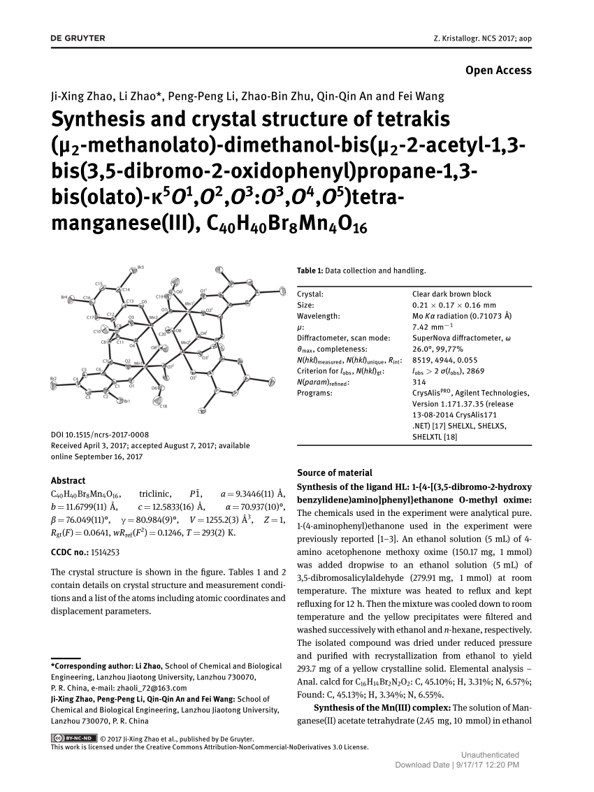 Pdf Synthesis And Crystal Structure Of Tetrakis M2 Methanolato Dimethanol Bis M2 2 Acetyl 1 3 Bis 3 5 Dibromo 2 Oxidophenyl Propane 1 3 Bis Olato K5o1 O2 O3 O3 O4 O5 Tetramanganese Iii C40h40br8mn4o16