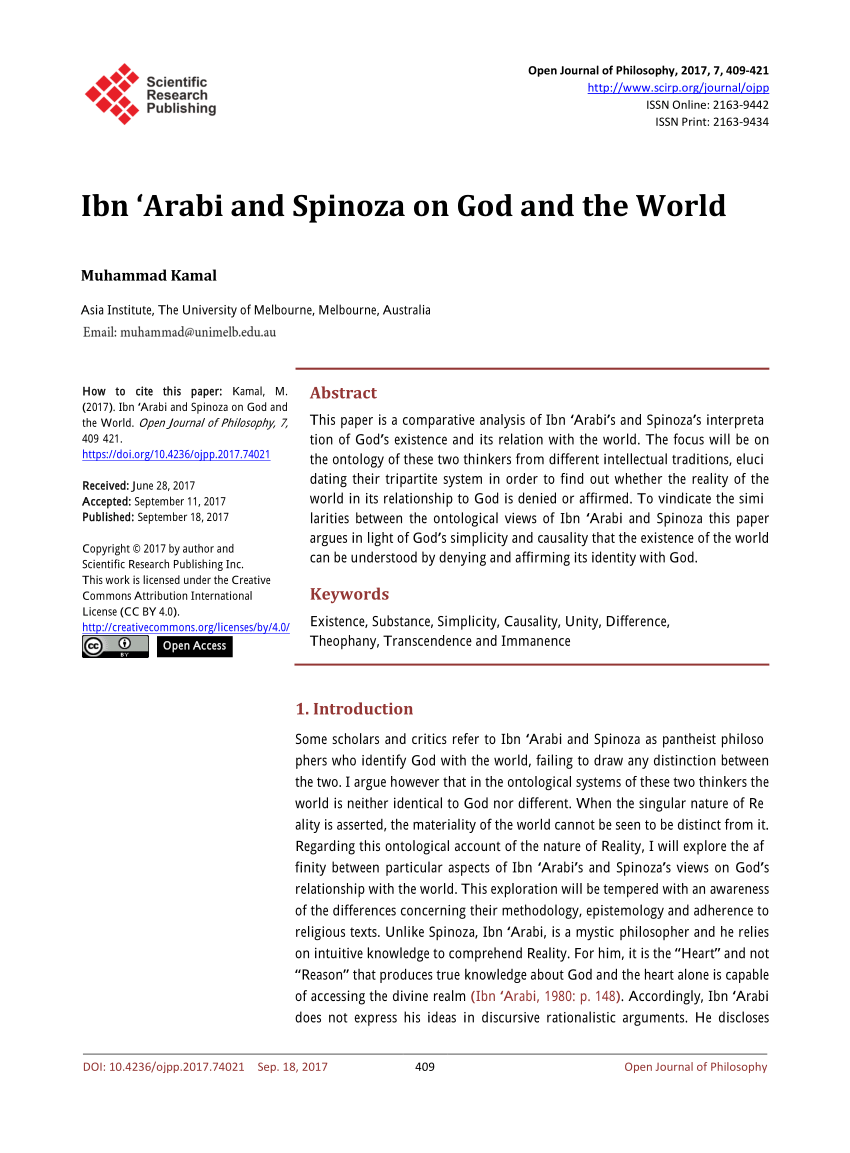 Pdf Ibn Arabi And Spinoza On God And The World